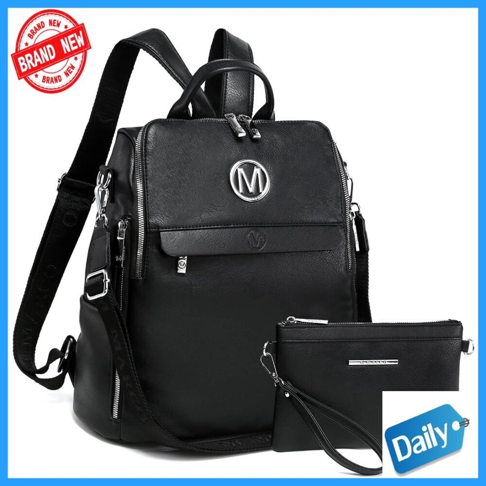 Convertible PU Leather Backpack Purse Set with Wristlet, Travel Shoulder Bag